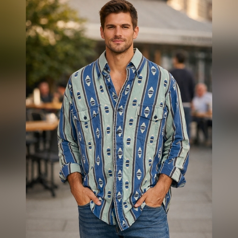 Vintage WRANGLER Western Cowboy Cut Southwestern Stripe Shirt | L XL Tail